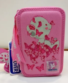 Astuccio 3 zip-Rosa Glitter con farfalle e orsetto
