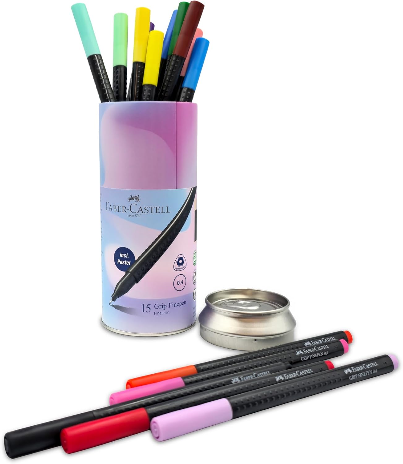 FABER-CASTELL 151617 - Grip Finepen, fineliner con punta in fibra rivestita in metallo da 0,4 mm, 15 penne con punta in fibra in barattolo 