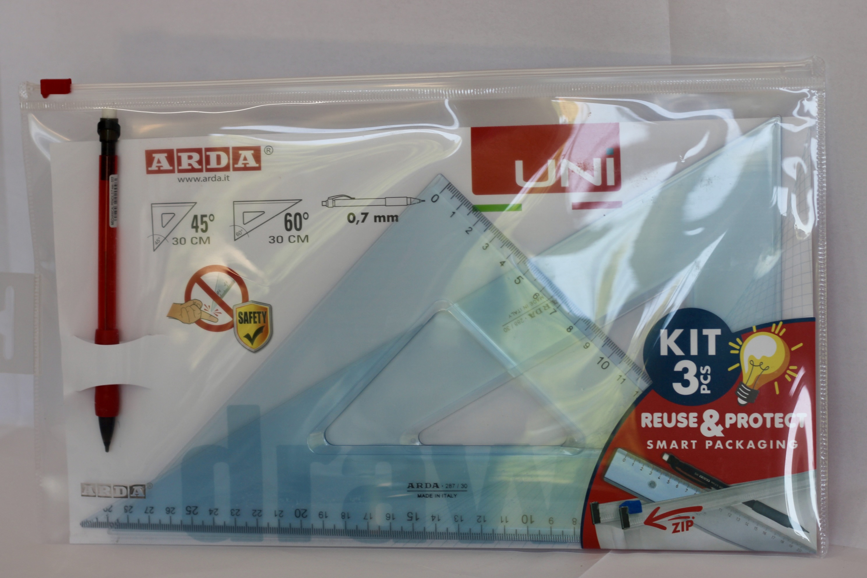 KIT 3 PEZZI ARDA, CON MATITA E SQUADRE, 45 E 60 GRADI